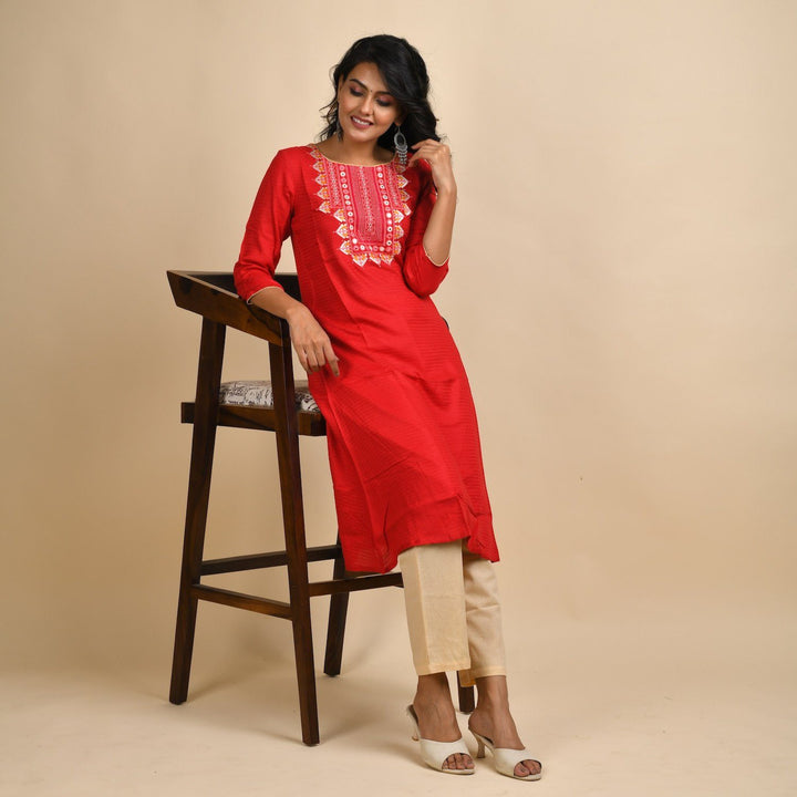 RangDeep Women Rayon Red Embroidered Straight Kurti Kurti Rangdeep-Fashions 