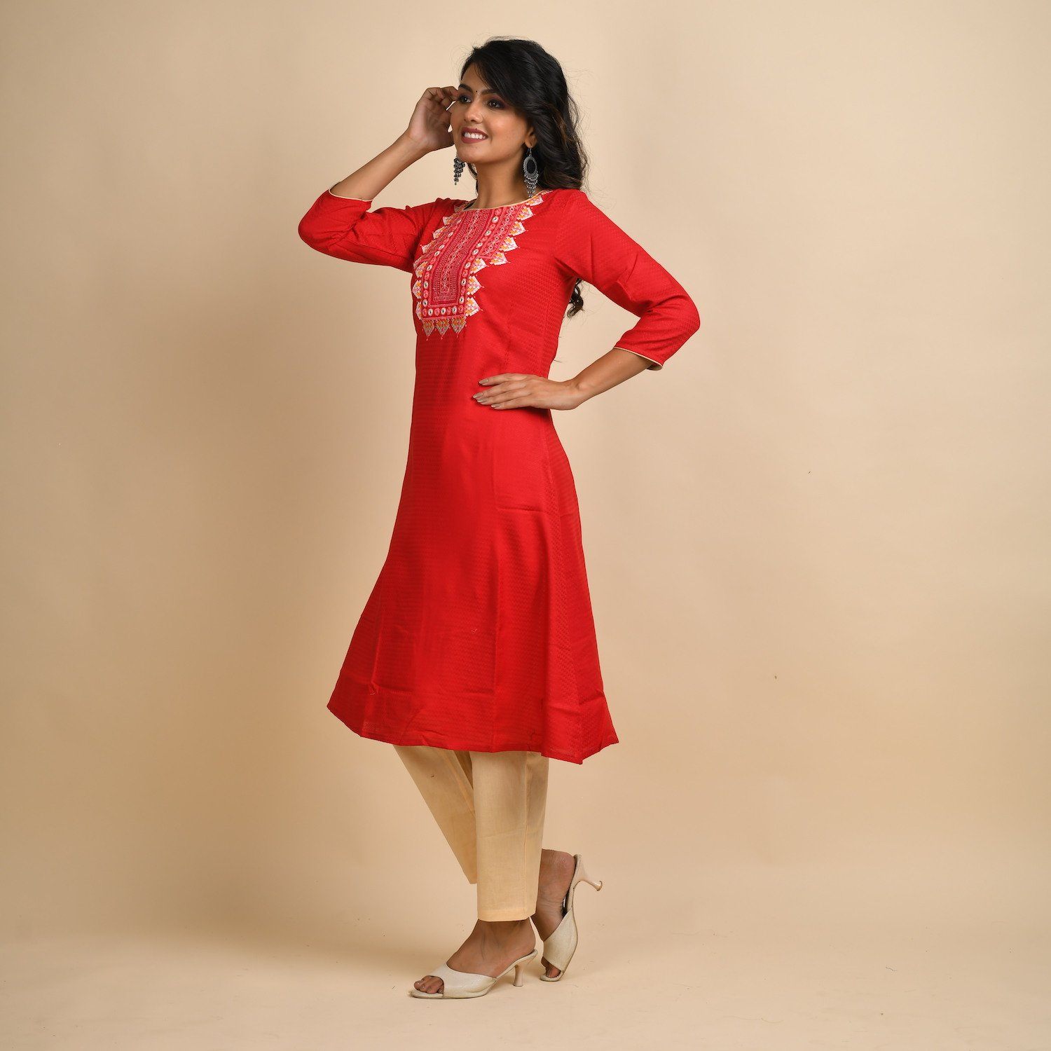 RangDeep Women Rayon Red Embroidered Straight Kurti Kurti Rangdeep-Fashions 