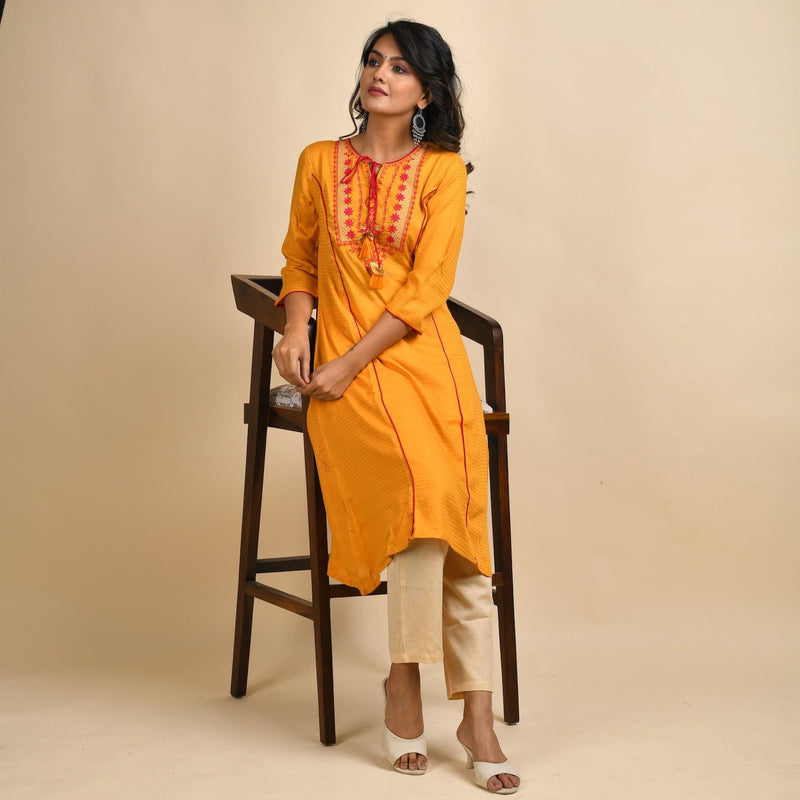 RangDeep Women Rayon Yellow Embroidered Straight Kurti Kurti Rangdeep-Fashions Medium 