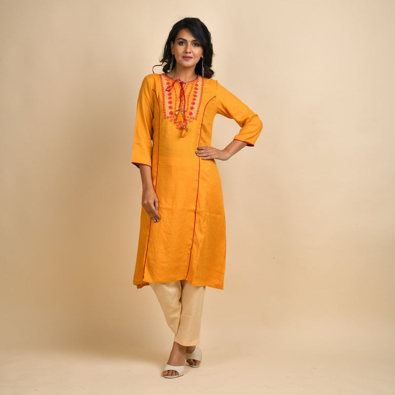 Yellow pure rayon cotton embroidery 2 piece kurti set – Threads