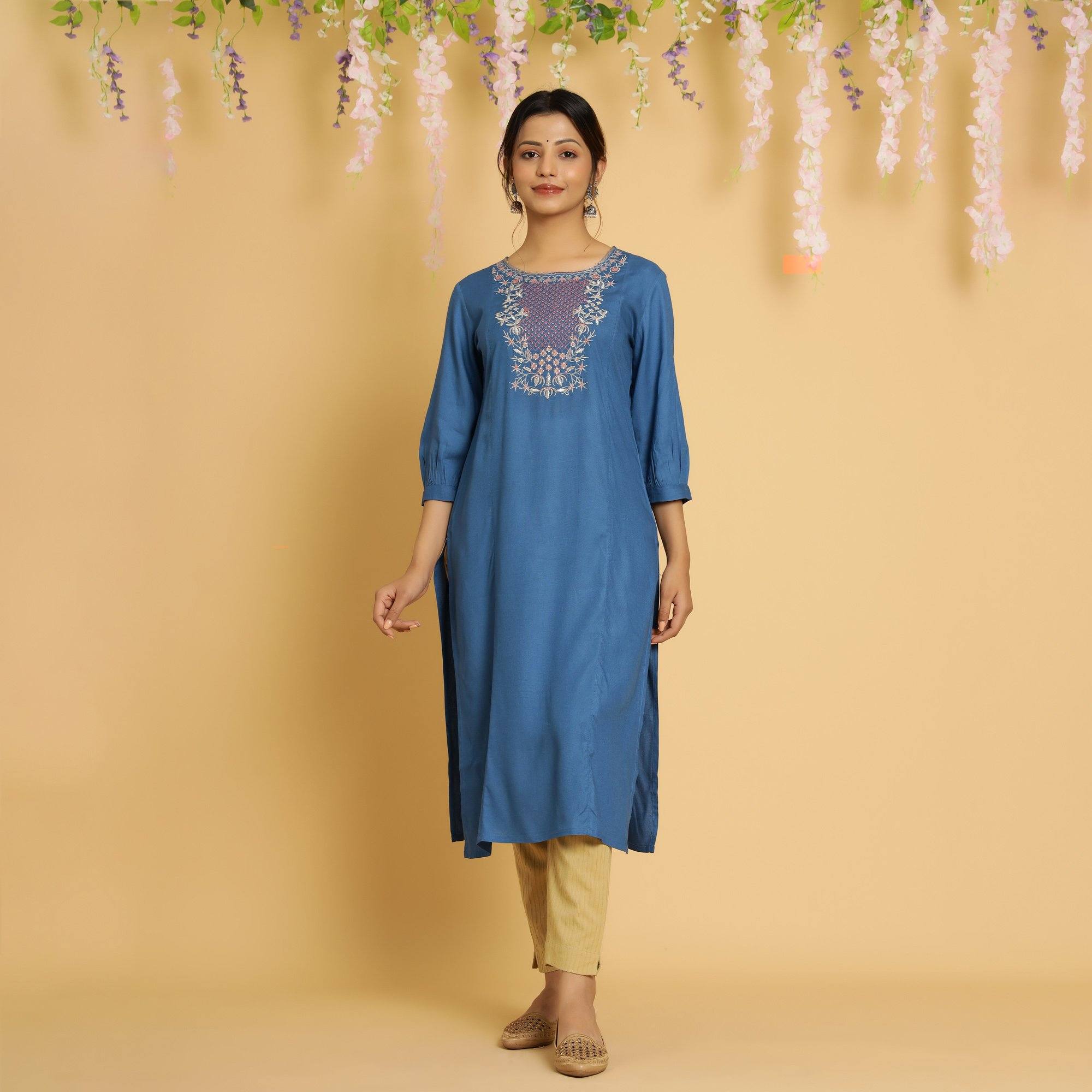 RangDeep Women Sapphire Embroidered Straight Kurti Embroidered Kurti Rangdeep-Fashions 