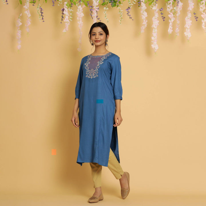 RangDeep Women Sapphire Embroidered Straight Kurti Embroidered Kurti Rangdeep-Fashions Large 