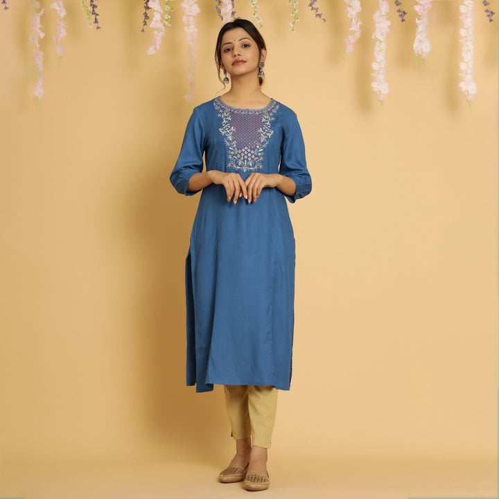 RangDeep Women Sapphire Embroidered Straight Kurti Embroidered Kurti Rangdeep-Fashions Small 