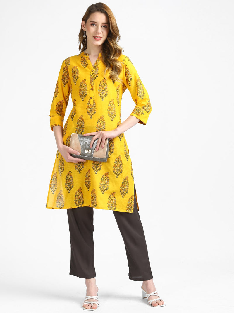 RangDeep Yellow Block Printed Cotton Kurta Kurti Rangdeep-Fashions 