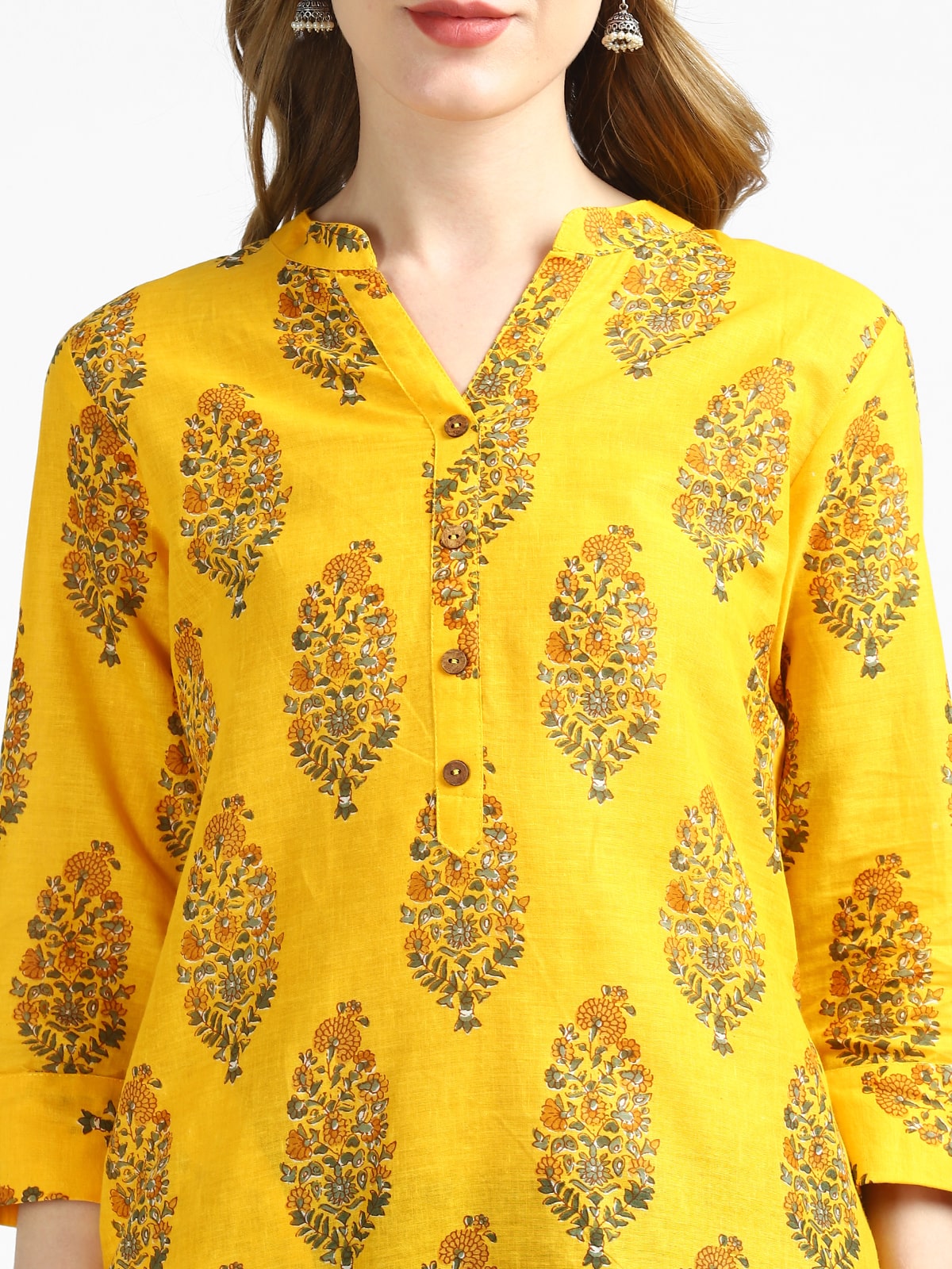 RangDeep Yellow Block Printed Cotton Kurta Kurti Rangdeep-Fashions 