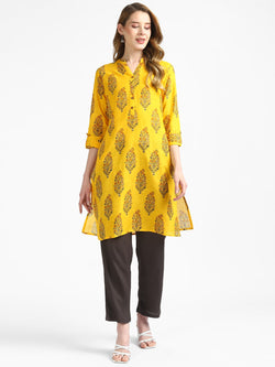 RangDeep Yellow Block Printed Cotton Kurta Kurti Rangdeep-Fashions Small 