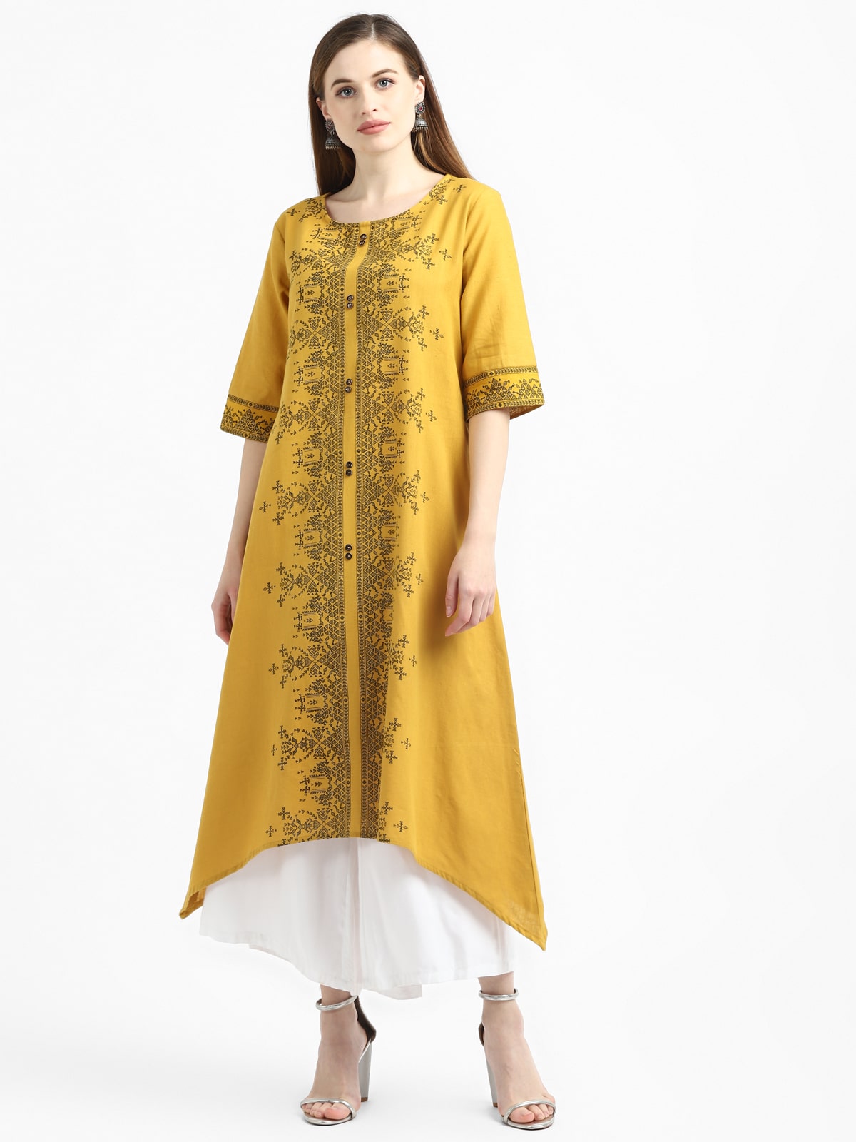 RangDeep Yellow Printed Asymmetric Kurta Kurti Rangdeep-Fashions Small 