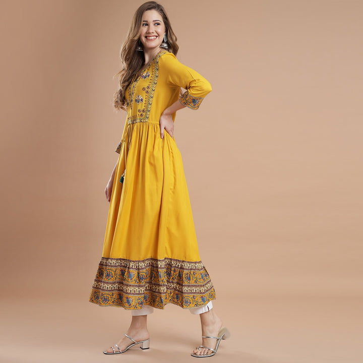 RANGDEEP YELLOW RAYON WOMEN'S ANARKALI KURTA Rayon Anarkali kurta Rangdeep-Fashions Large 