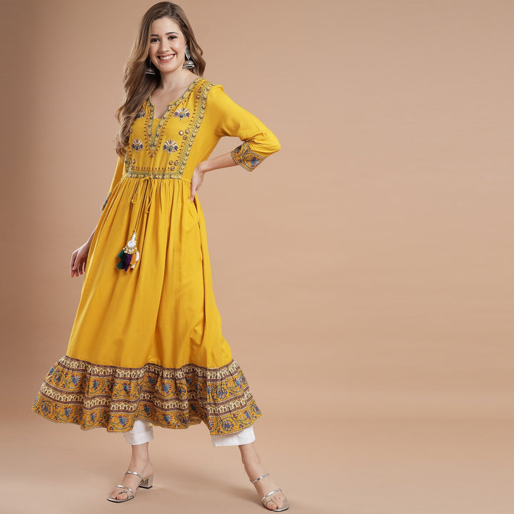 RANGDEEP YELLOW RAYON WOMEN'S ANARKALI KURTA Rayon Anarkali kurta Rangdeep-Fashions Small 