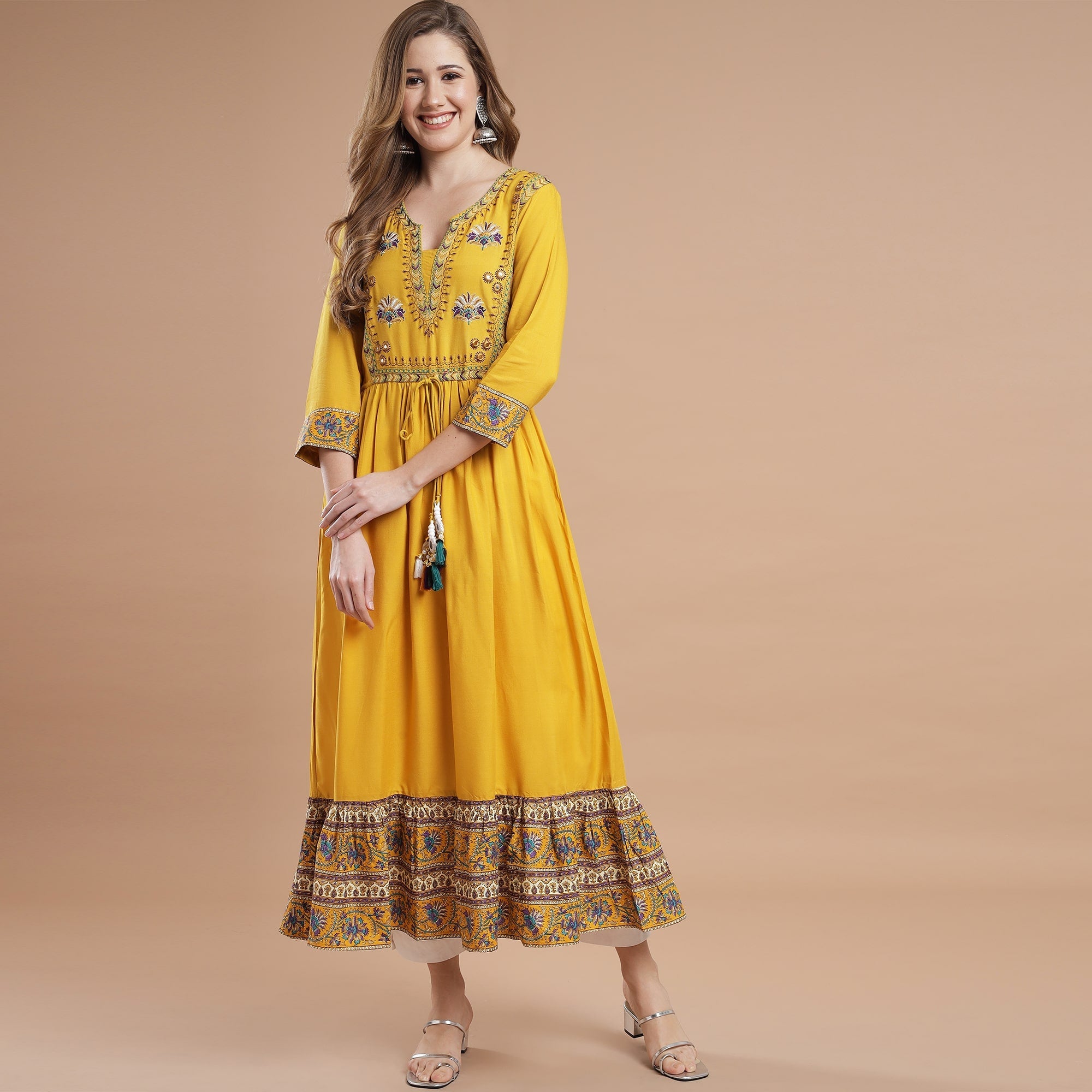 RANGDEEP YELLOW RAYON WOMEN'S ANARKALI KURTA Rayon Anarkali kurta Rangdeep-Fashions X-Large 