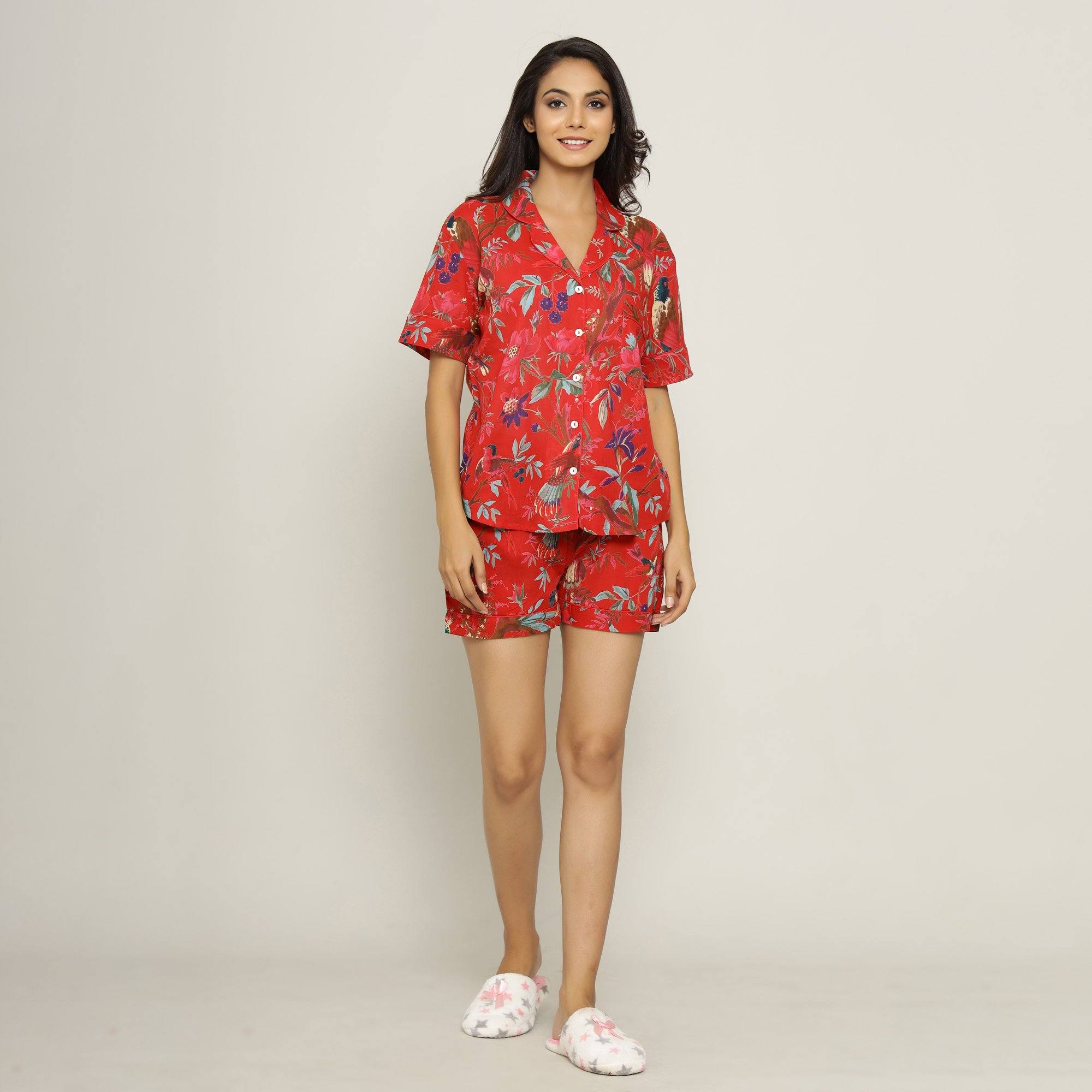 Red Cotton Printed Night Suit Set Night Suit SANSKRUTI HOMES 