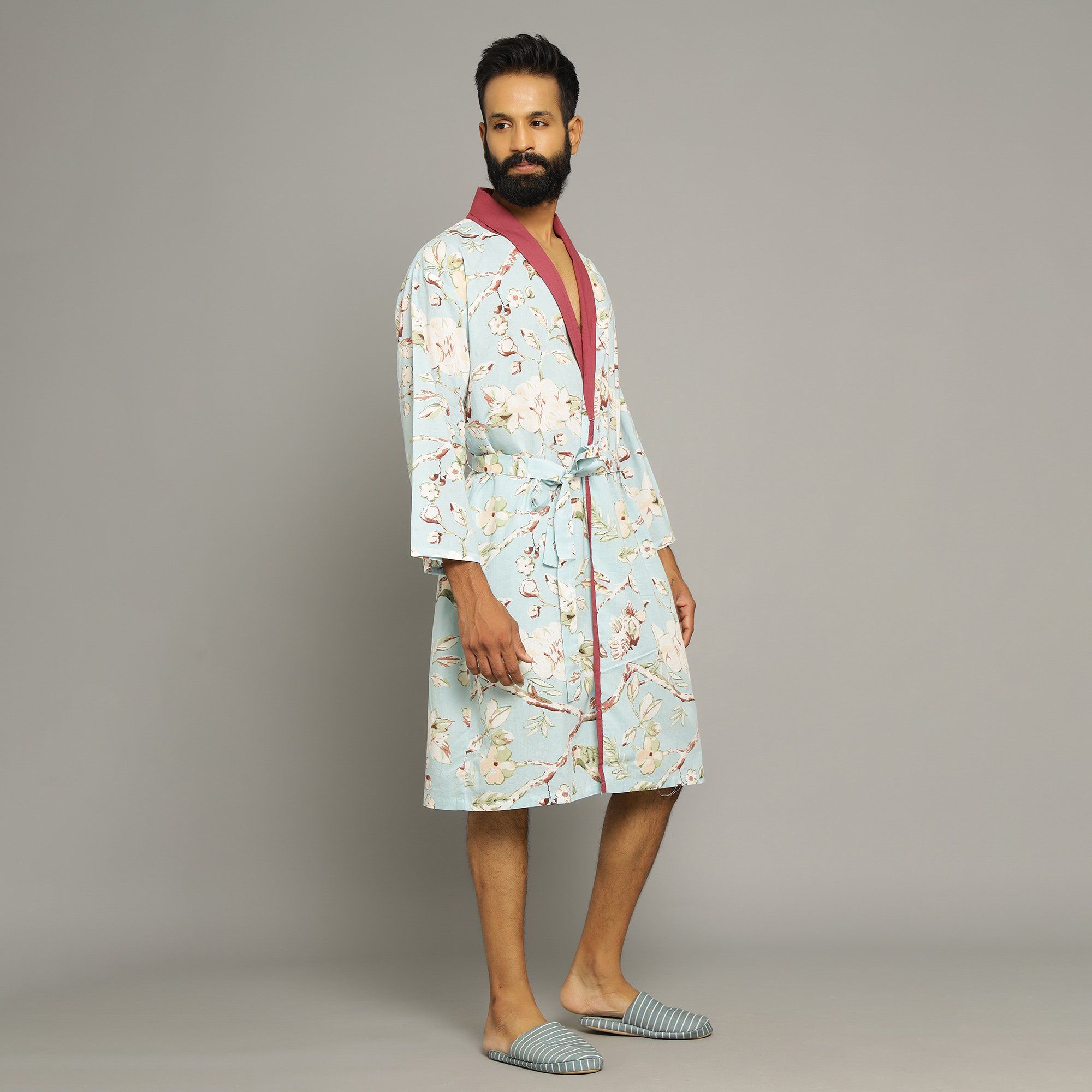 Sky blue Cotton Hand printed Couple Bathrobe Couple Bathrobe SANSKRUTI HOMES 