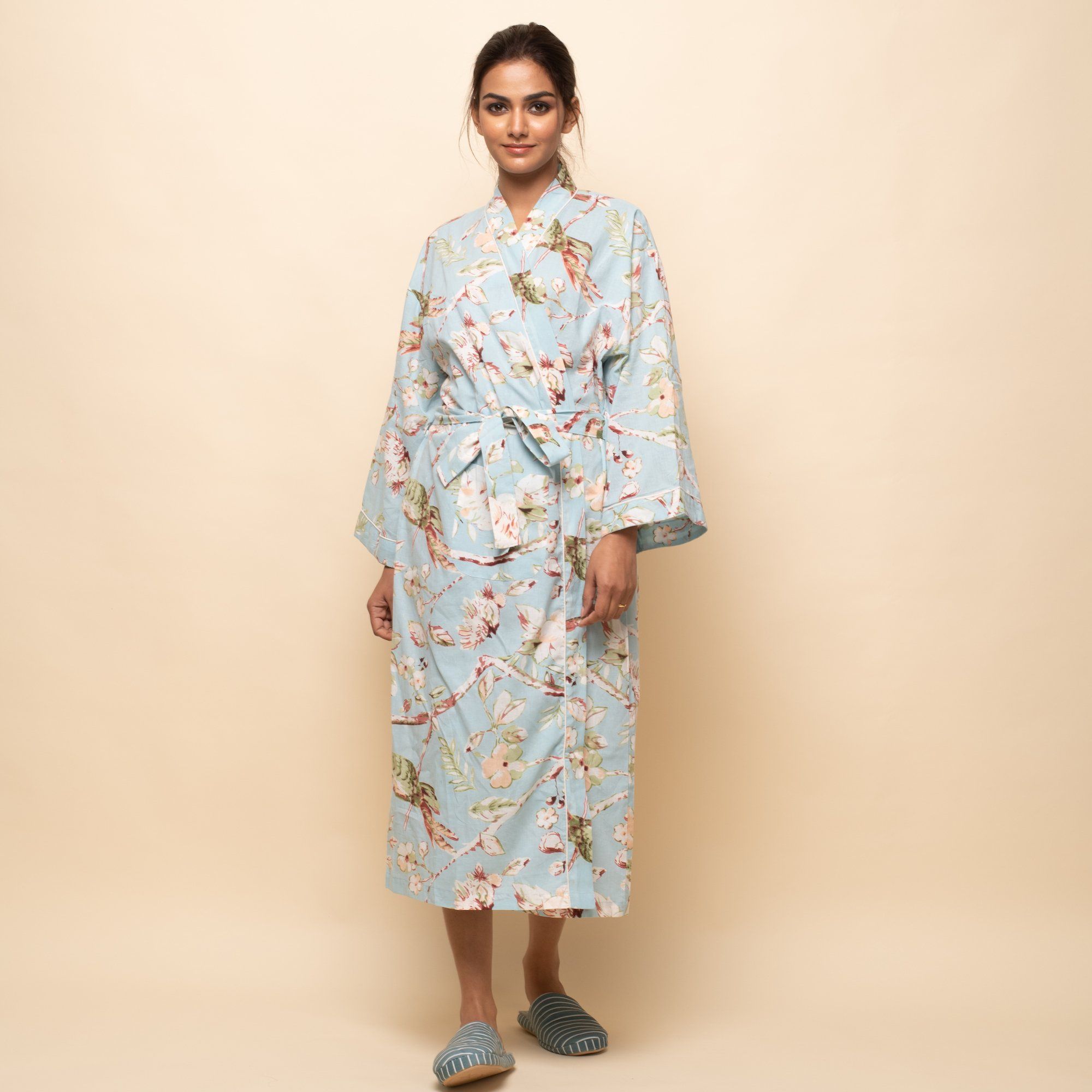 Sky blue Cotton Hand printed Couple Bathrobe Couple Bathrobe SANSKRUTI HOMES 