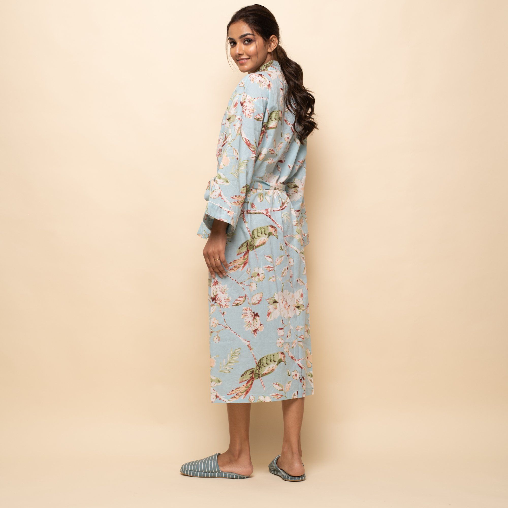 Sky blue Cotton Hand printed Couple Bathrobe Couple Bathrobe SANSKRUTI HOMES 