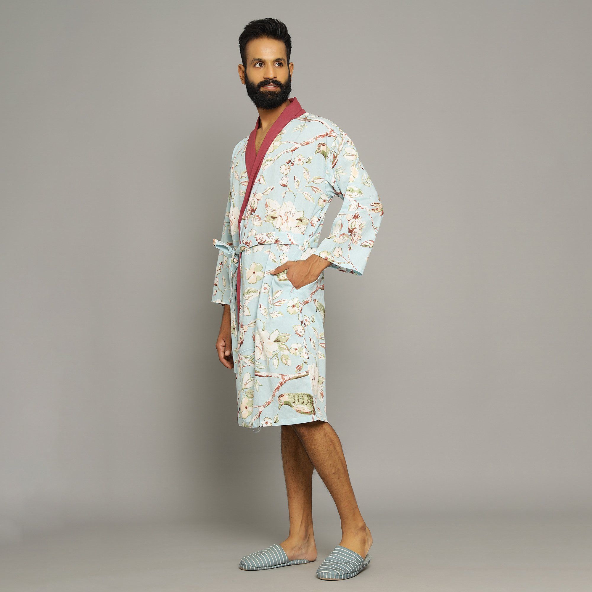 Sky blue Cotton Hand printed Couple Bathrobe Couple Bathrobe SANSKRUTI HOMES 