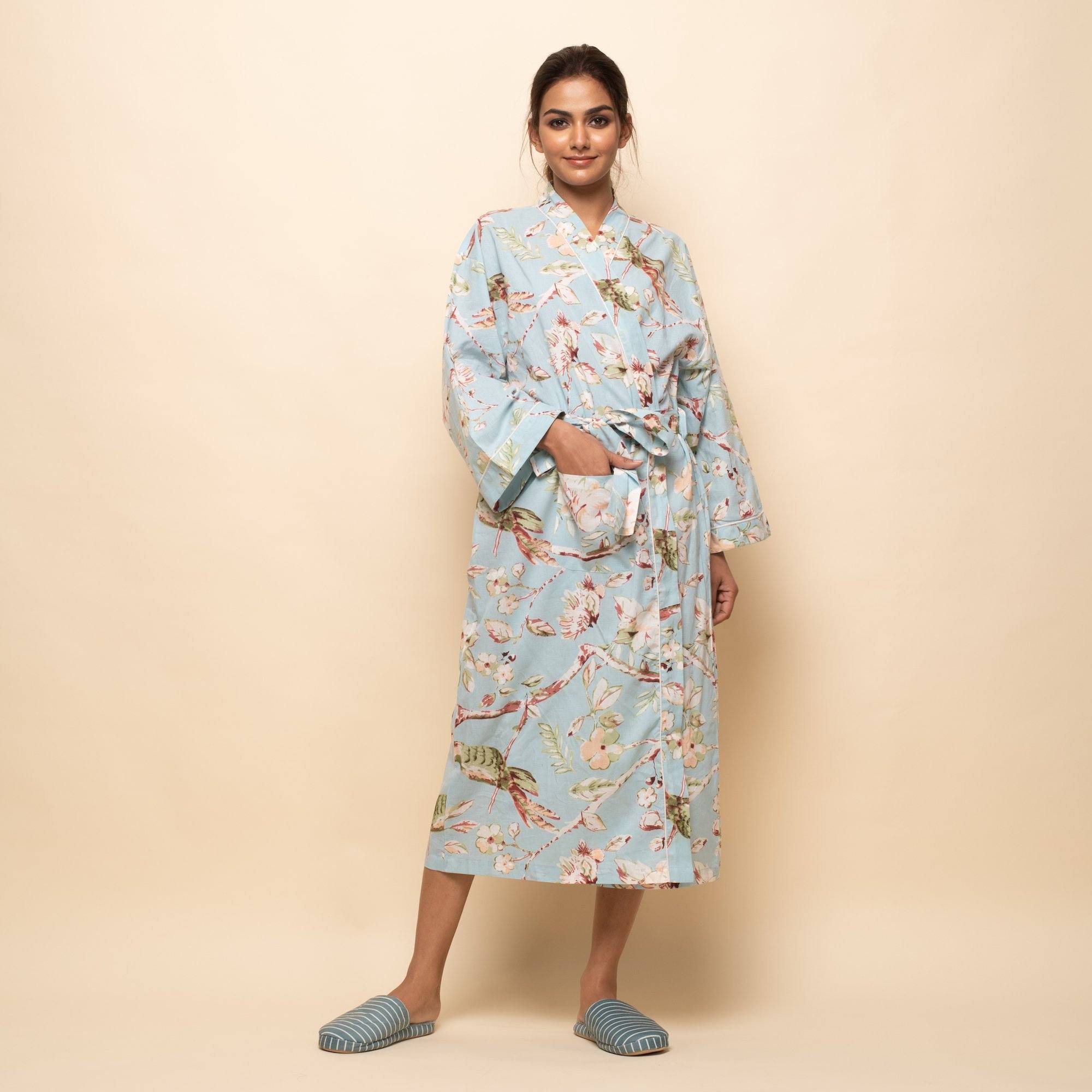 Sky blue Cotton Hand printed Couple Bathrobe Couple Bathrobe SANSKRUTI HOMES 