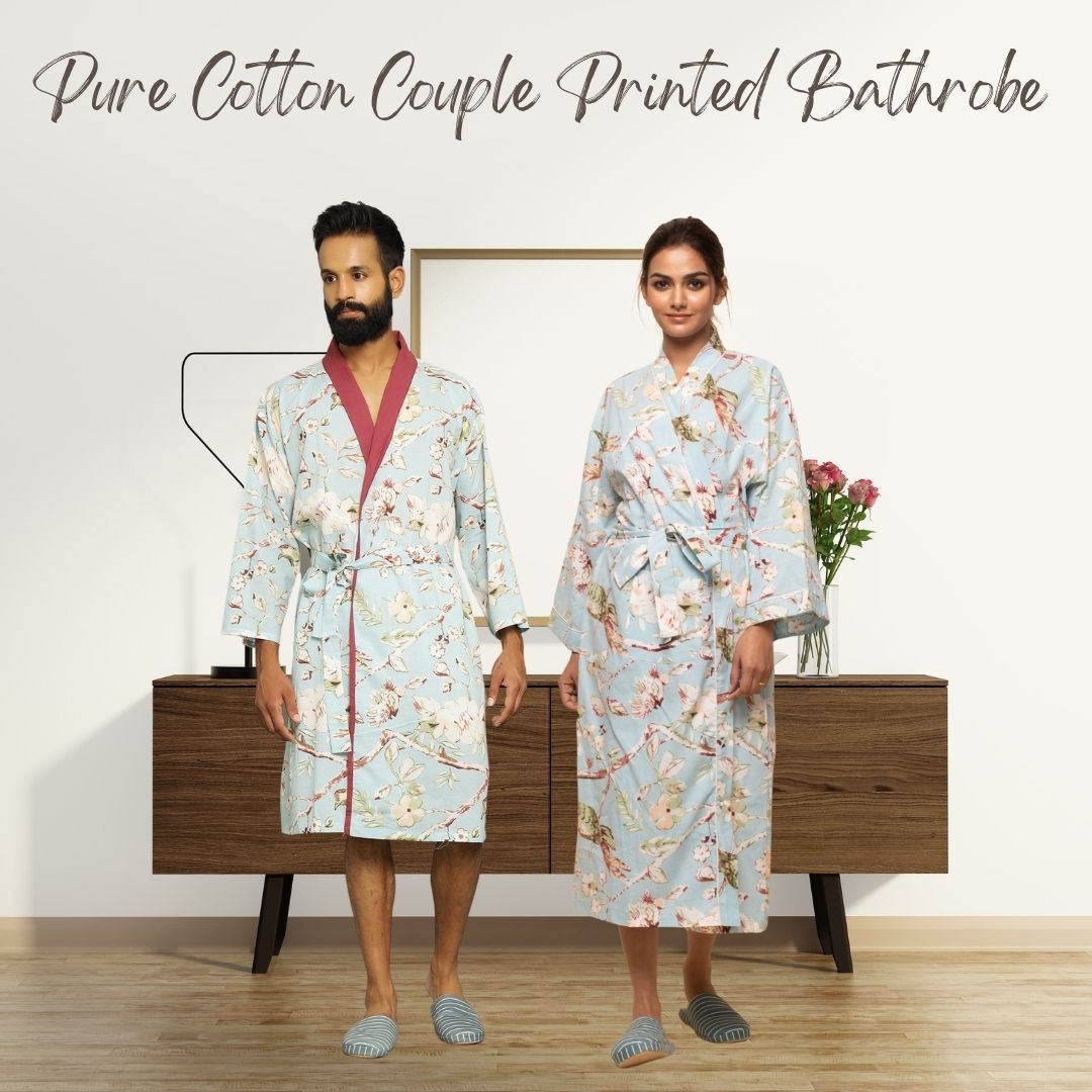 Sky blue Cotton Hand printed Couple Bathrobe Couple Bathrobe SANSKRUTI HOMES S-M Bathrobe Only 