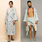 Sky blue Cotton Hand printed Couple Bathrobe Couple Bathrobe SANSKRUTI HOMES S-M With Boxer (S) 