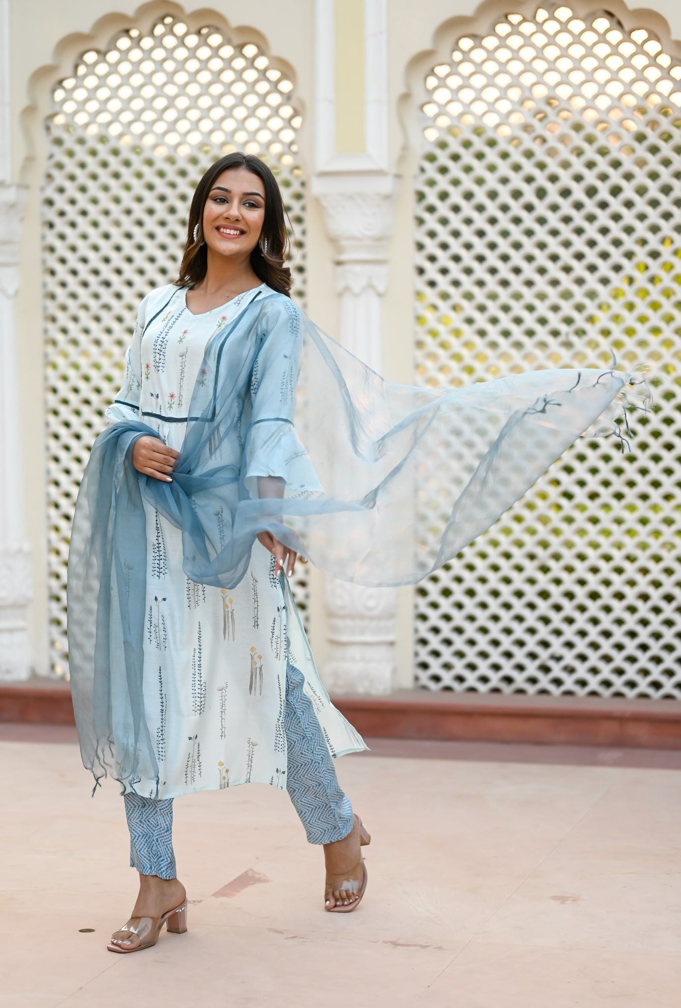 SKY BLUE MUSLIN WOMEN'S KURTA PAJAMA DUPATTA SET muslin kurta Rangdeep-Fashions 