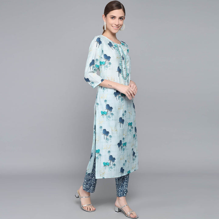 SKY BLUE MUSLIN WOMEN'S KURTA PAJAMA DUPATTA SET muslin kurta Rangdeep-Fashions 