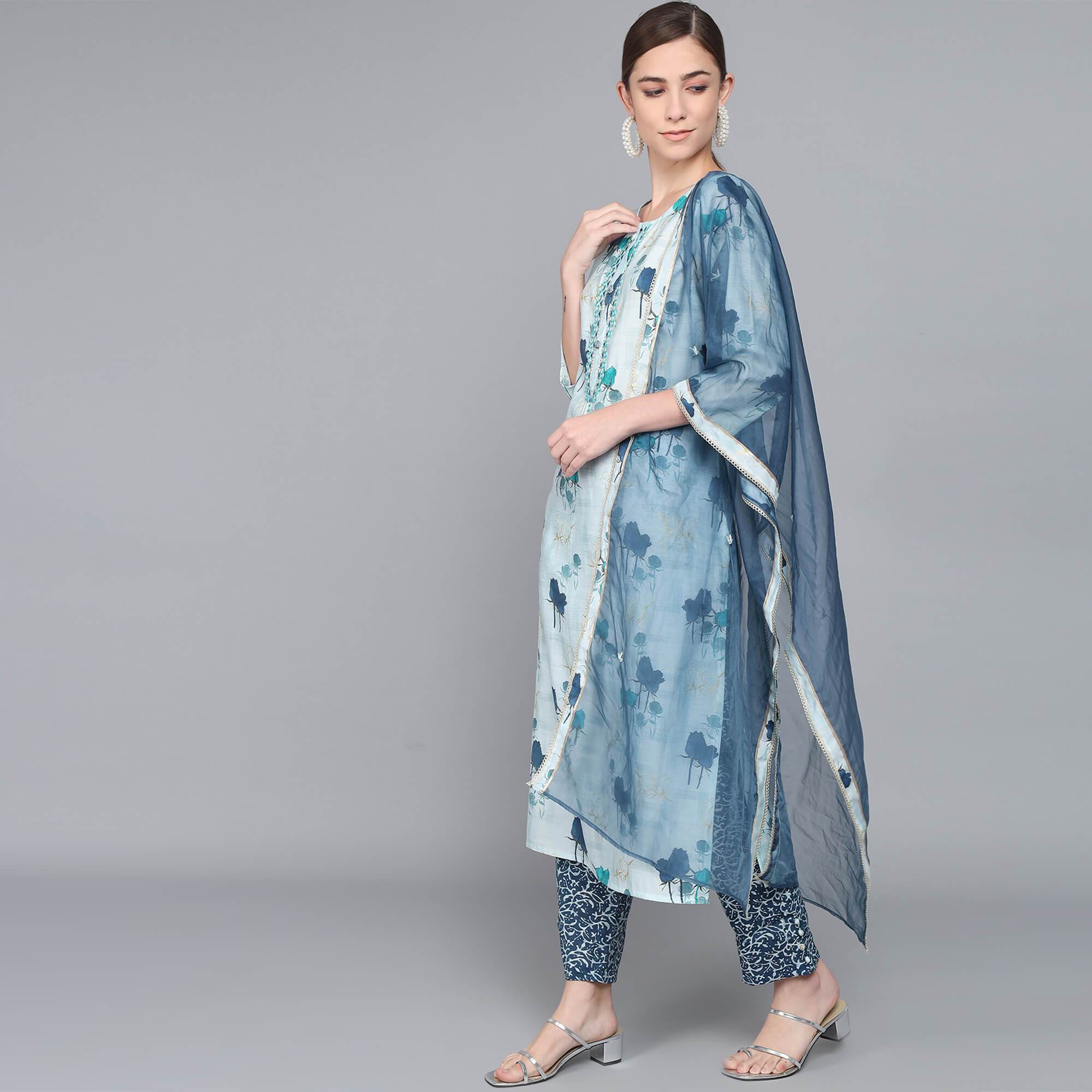 SKY BLUE MUSLIN WOMEN'S KURTA PAJAMA DUPATTA SET muslin kurta Rangdeep-Fashions 