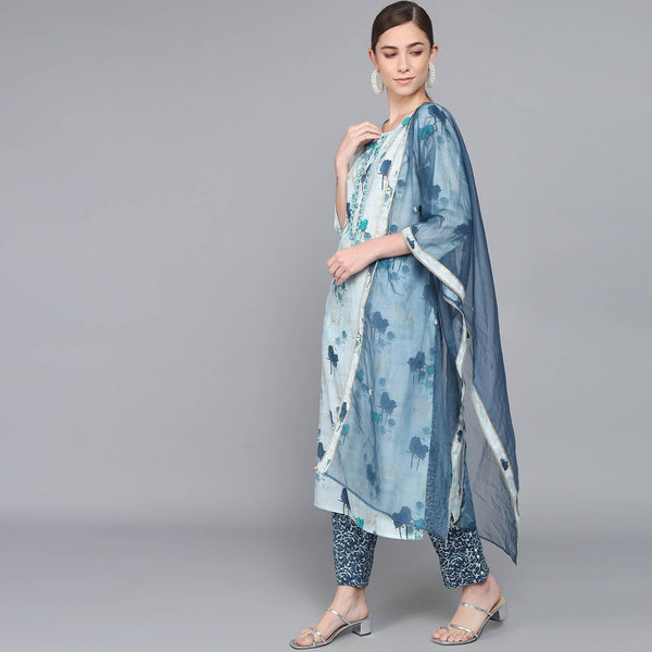 SKY BLUE MUSLIN WOMEN'S KURTA PAJAMA DUPATTA SET muslin kurta Rangdeep-Fashions 