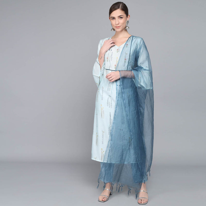 SKY BLUE MUSLIN WOMEN'S KURTA PAJAMA DUPATTA SET muslin kurta Rangdeep-Fashions 