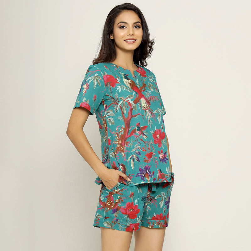 Teal Cotton Printed Night Suit Set with Shorts Night Suit SANSKRUTI HOMES 