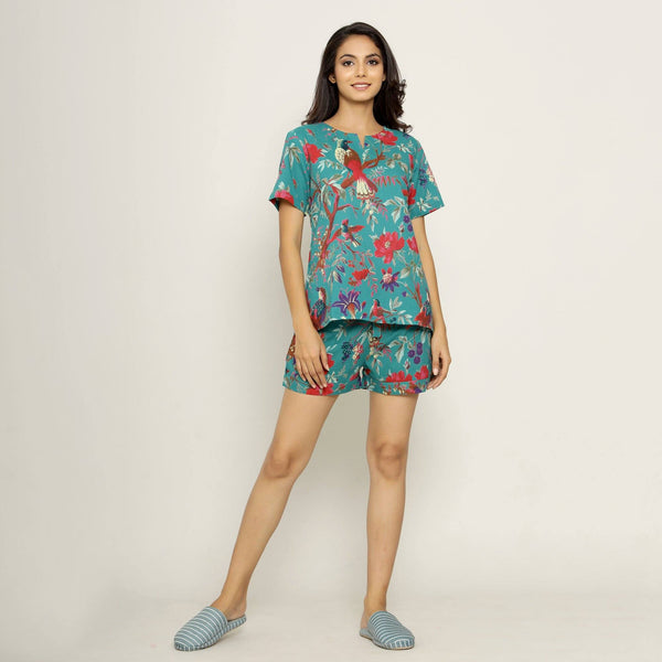 Teal Cotton Printed Night Suit Set with Shorts Night Suit SANSKRUTI HOMES 