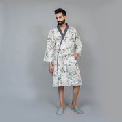 White Cotton Hand printed Bathrobe Couple Bathrobe SANSKRUTI HOMES 