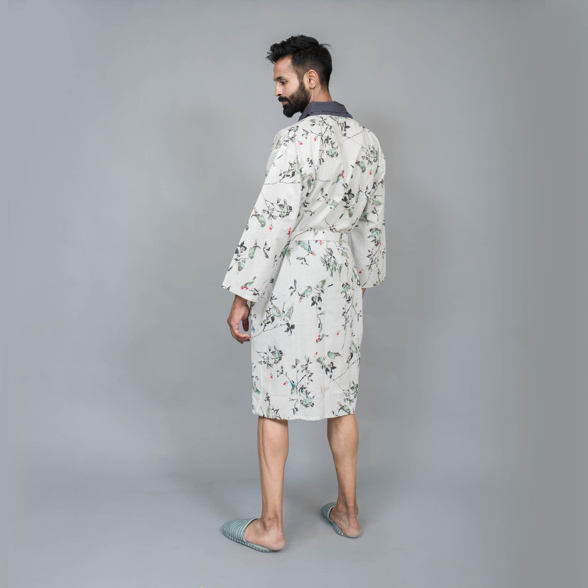 White Cotton Hand printed Bathrobe Couple Bathrobe SANSKRUTI HOMES 