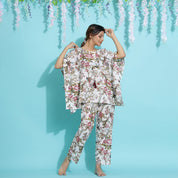 White FLORAL Cotton Printed Kaftan and Pajama Set Kaftan Set SANSKRUTI HOMES 3XL 