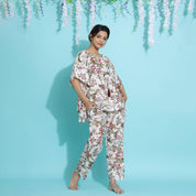 White FLORAL Cotton Printed Kaftan and Pajama Set Kaftan Set SANSKRUTI HOMES 