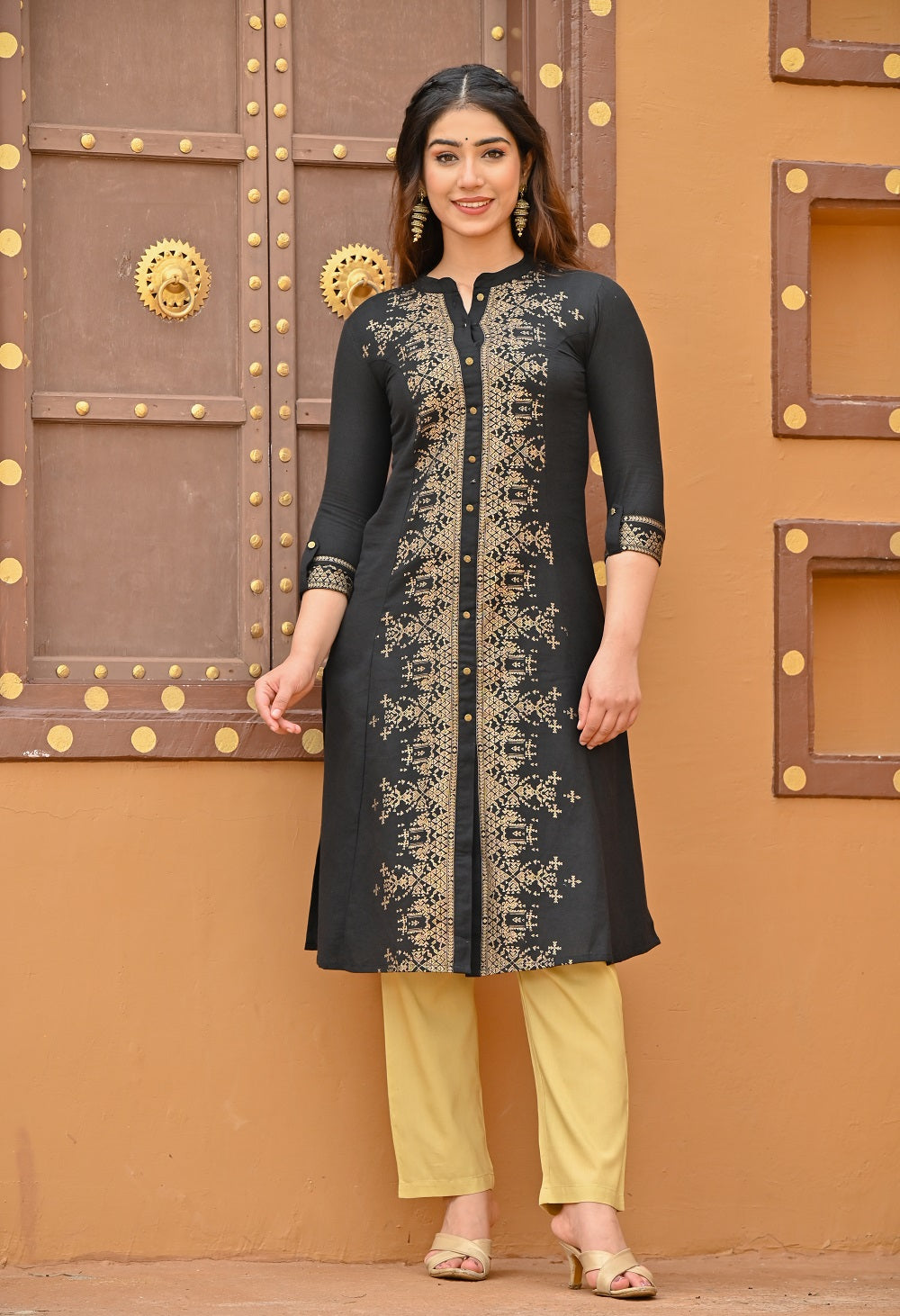 Women black and gold ethnic kurta Cotton Flex Kurti Rangdeep-Fashions 