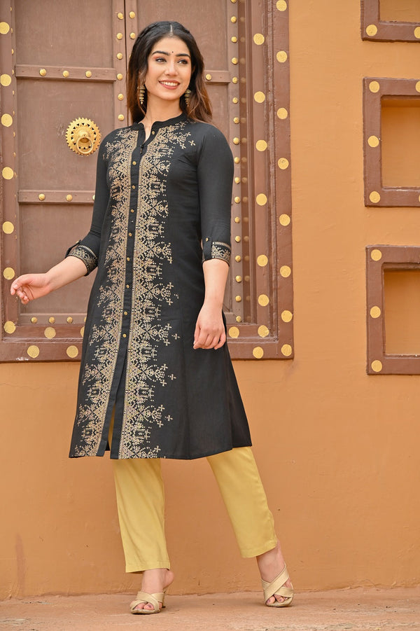 Women black and gold ethnic kurta Cotton Flex Kurti Rangdeep-Fashions 