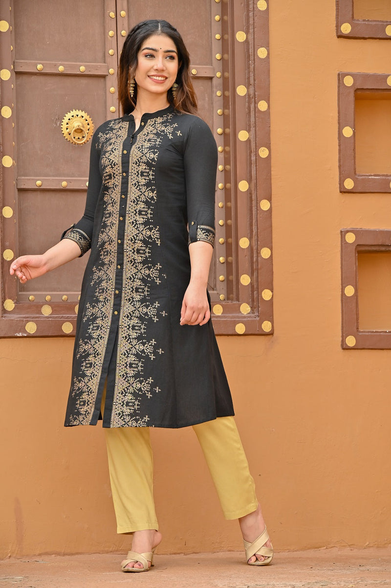 Women black and gold ethnic kurta Cotton Flex Kurti Rangdeep-Fashions 