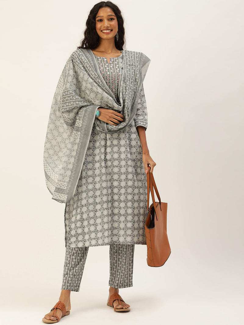 women grey ethnic motifs printed beads and stones pure cotton kurta with trousers with dupatta kurti dupatta set pant rangdeep fashions