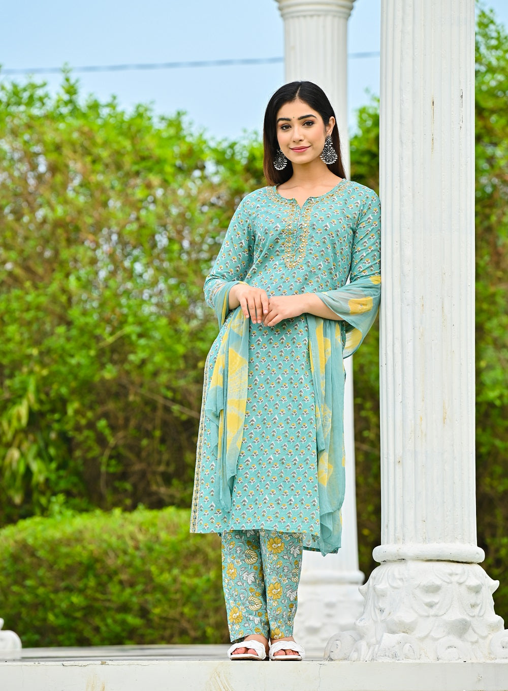 Women Olive Green Ethnic Motifs Printed Sequinned Pure Cotton Kurta with Trousers & With Dupatta Kurti Dupatta set Pant Rangdeep-Fashions 