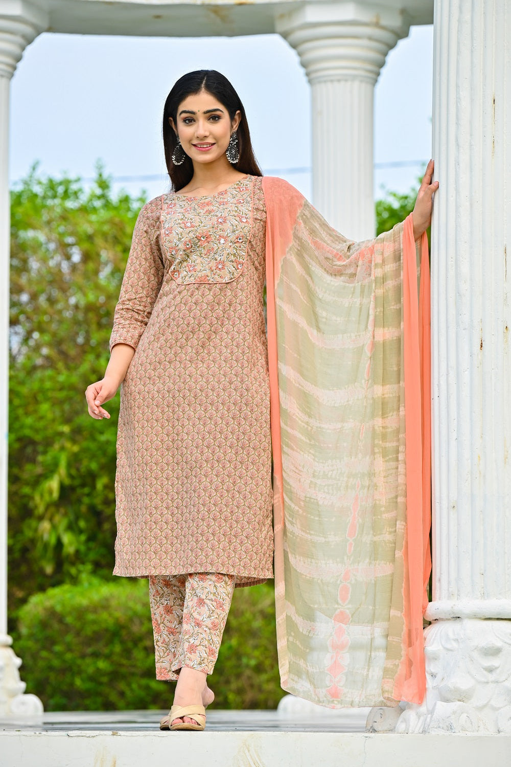 Women Olive Green Ethnic Motifs Printed Sequinned Pure Cotton Kurta with Trousers & With Dupatta Kurti Dupatta set Pant Rangdeep-Fashions 