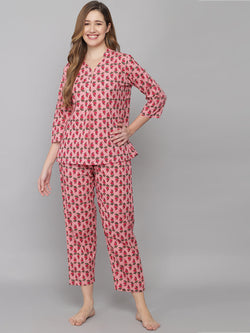 Women Pink Cotton Printed Night Suit Set with Payjama Night Suit SANSKRUTI HOMES 