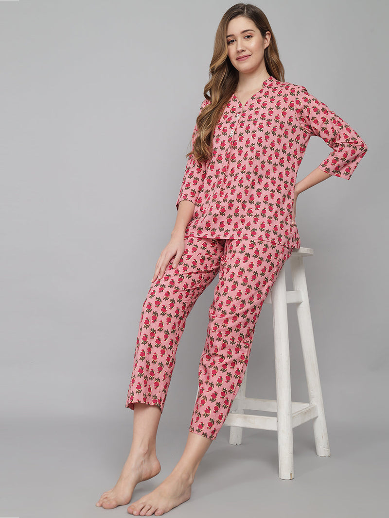 Women Pink Cotton Printed Night Suit Set with Payjama Night Suit SANSKRUTI HOMES 