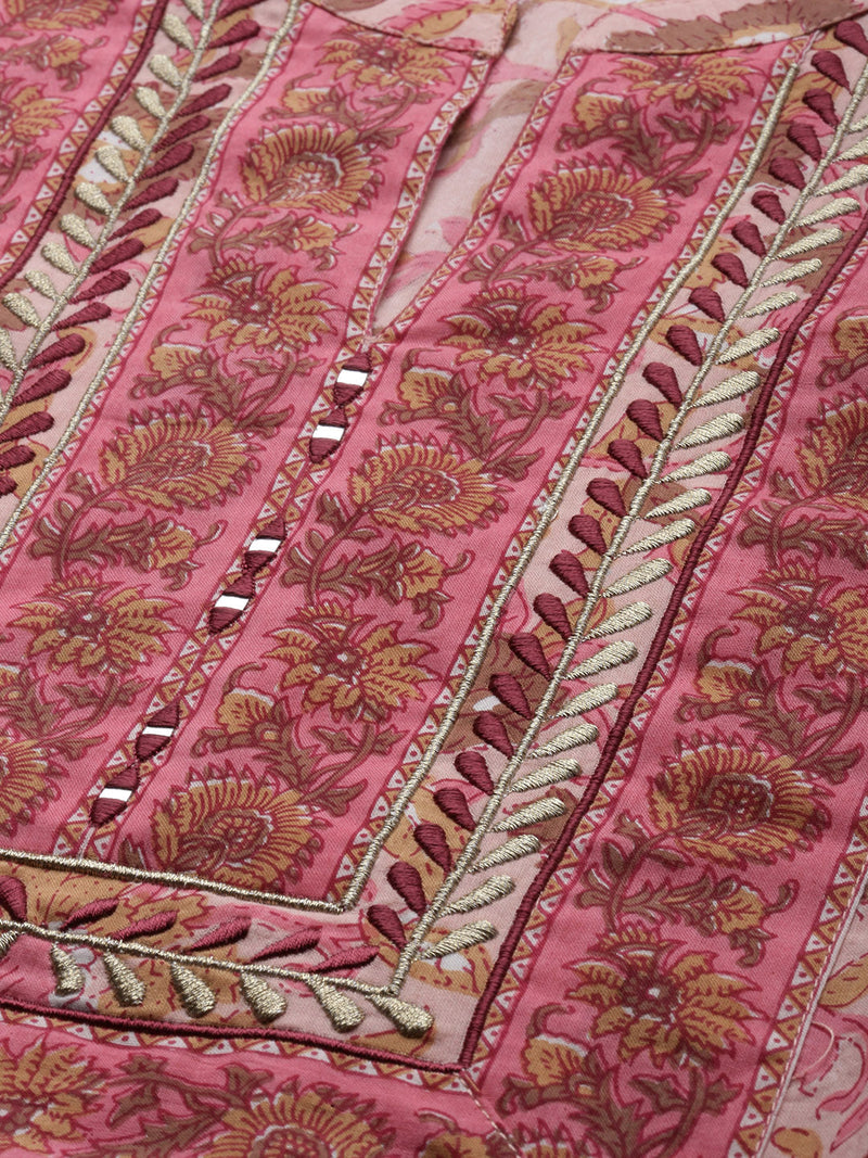 Women Pink Ethnic Motifs Printed Thread Work Pure Cotton Kurta with Trousers & With Dupatta Kurti Dupatta set Pant Rangdeep-Fashions 