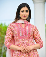 Women Pink Ethnic Motifs Printed Thread Work Pure Cotton Kurta with Trousers & With Dupatta Kurti Dupatta set Pant Rangdeep-Fashions 