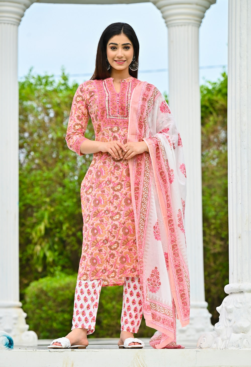 Women Pink Ethnic Motifs Printed Thread Work Pure Cotton Kurta with Trousers & With Dupatta Kurti Dupatta set Pant Rangdeep-Fashions 