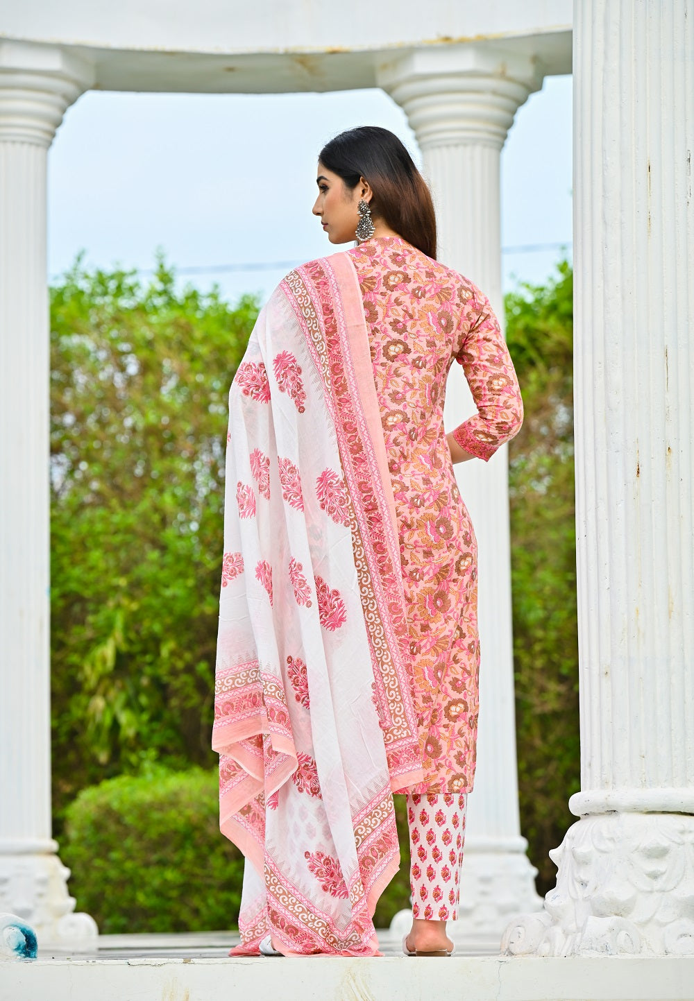 Women Pink Ethnic Motifs Printed Thread Work Pure Cotton Kurta with Trousers & With Dupatta Kurti Dupatta set Pant Rangdeep-Fashions 