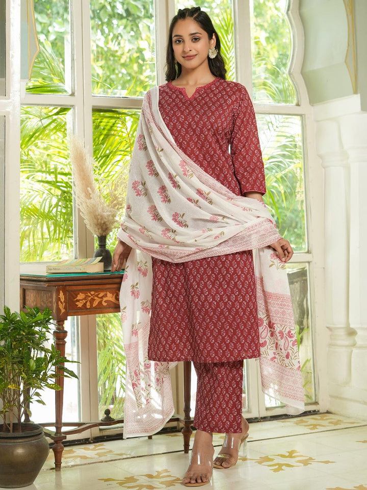 Women Pure Cotton Kurta With Pajama Kurti Dupatta set Pant Rangdeep-Fashions 