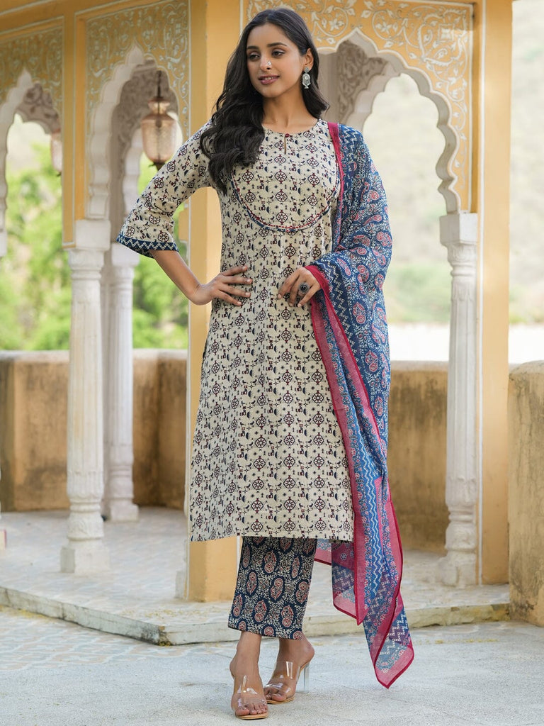 Pure cotton kurti pant set with dupatta with embroidery Sizes : 38, 40, 42,  44, 46
