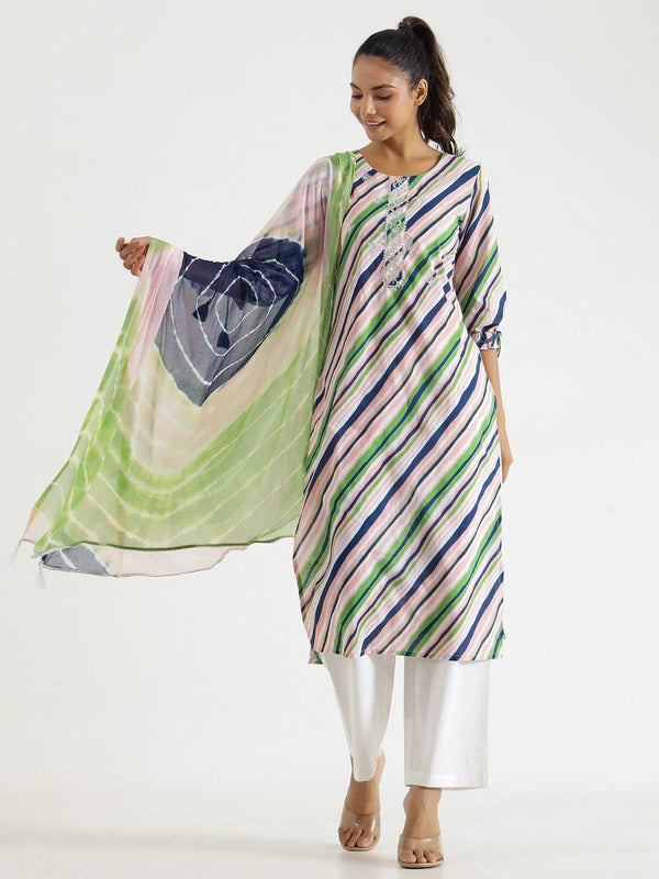 Women Pure Cotton Lehriya 3pcs kurta set Kurti Dupatta set Pant Rangdeep-Fashions 