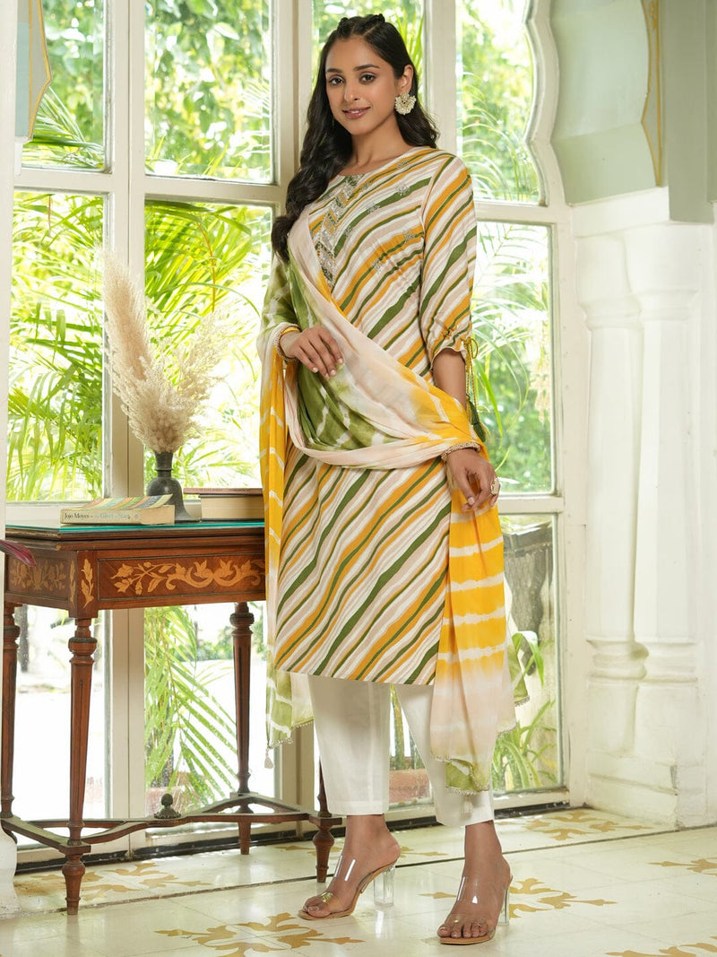 Women Pure Cotton Lehriya 3pcs kurta set Kurti Dupatta set Pant Rangdeep-Fashions 