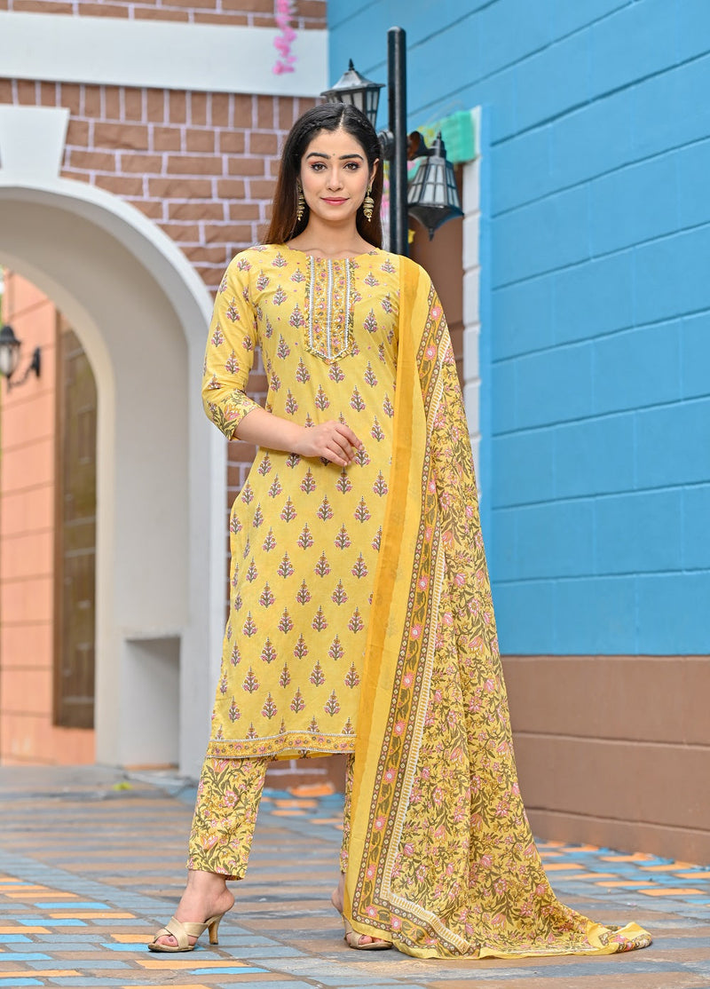 women yellow pure cotton ethnic printed gotta patti kurta with trousers dupatta kurti dupatta set pant rangdeep fashions
